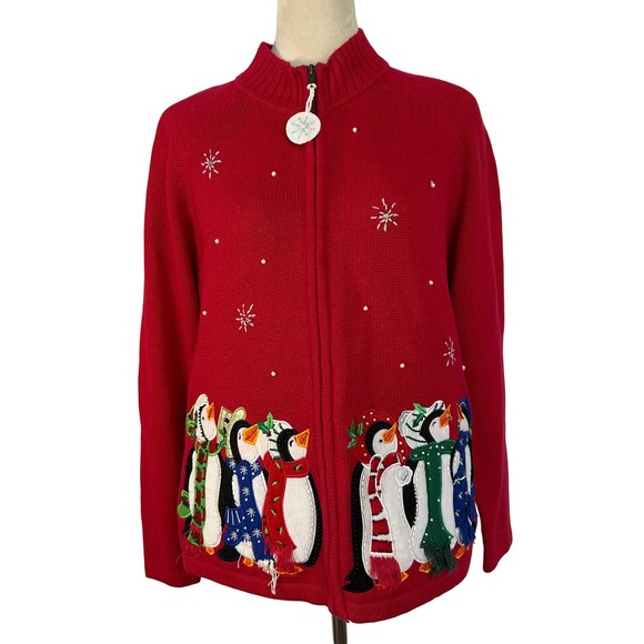 White Stag Christmas Penguin Zip Up Sweater Embroidered Holiday Cardigan Women L - Picture 1 of 11